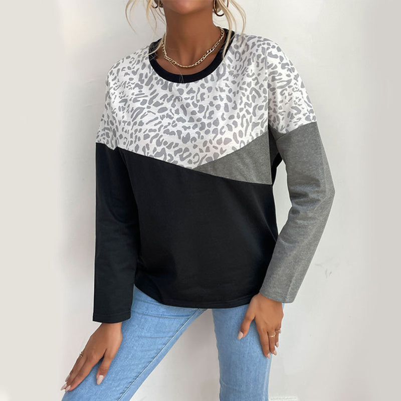 Serenity Women's Casual Style Color-Block Leopard Print Long-Sleeved Sweatshirt