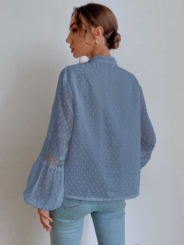 Lileas Polka Dot Chiffon Lace Panel Loose Commuting Blouse