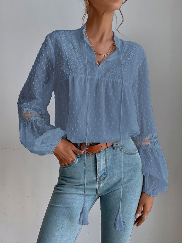 Lileas Polka Dot Chiffon Lace Panel Loose Commuting Blouse