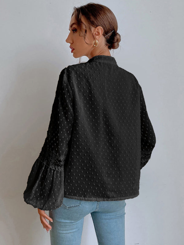 Lileas Polka Dot Chiffon Lace Panel Loose Commuting Blouse