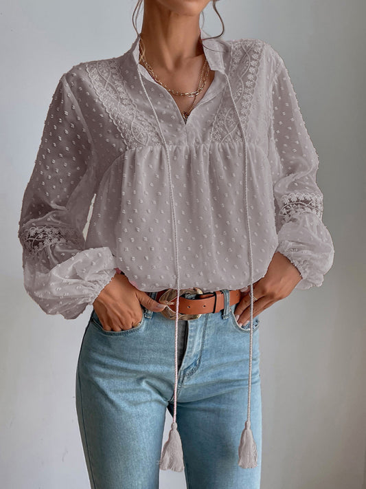 Lileas Polka Dot Chiffon Lace Panel Loose Commuting Blouse