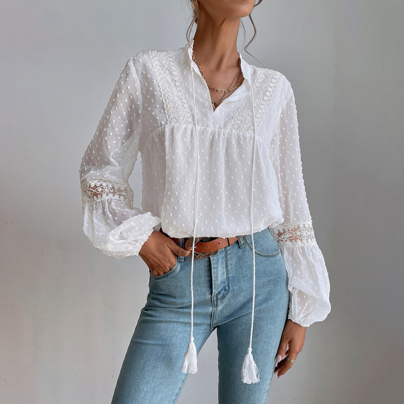 Lileas Polka Dot Chiffon Lace Panel Loose Commuting Blouse