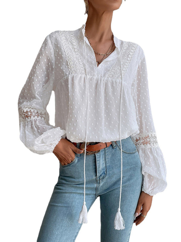 Lileas Polka Dot Chiffon Lace Panel Loose Commuting Blouse