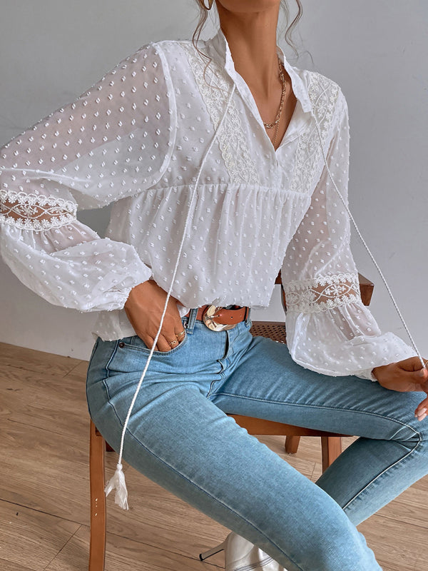 Lileas Polka Dot Chiffon Lace Panel Loose Commuting Blouse