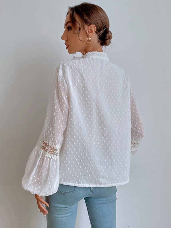 Lileas Polka Dot Chiffon Lace Panel Loose Commuting Blouse