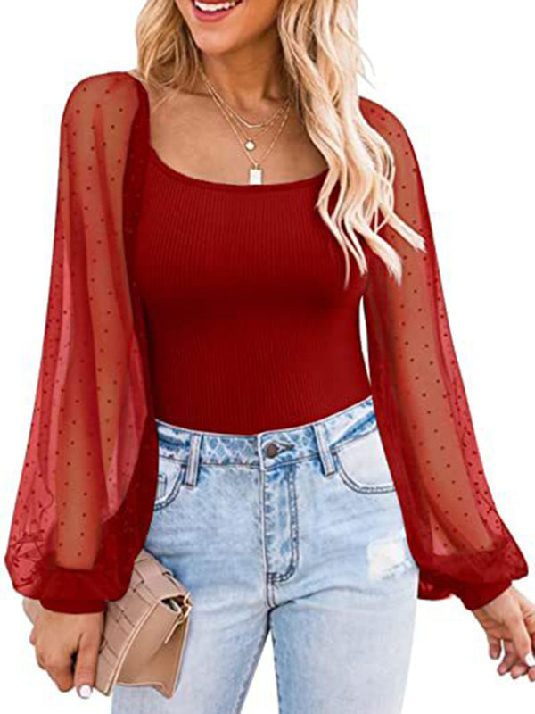 Ada New Ladies Fashion Perspective Lantern Sleeve Stitching Slim Top