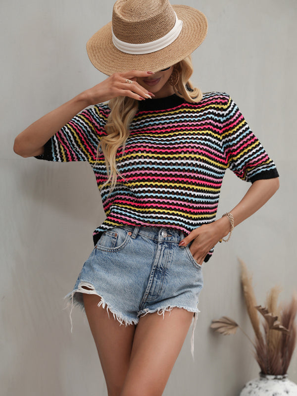 Adrienne Paneled Hollow Knit Loose Crew Neck Striped Knit Sweater