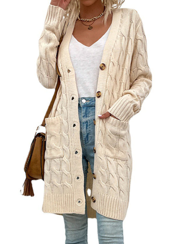 Serena Long Twist Sweater New Arrival Button Straight Pocket Cardigan