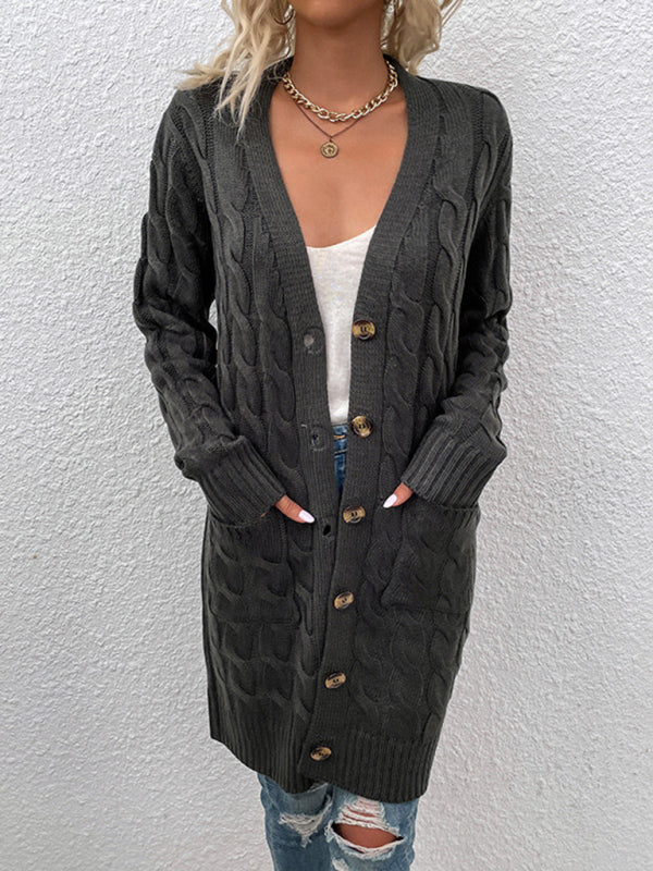 Serena Long Twist Sweater New Arrival Button Straight Pocket Cardigan