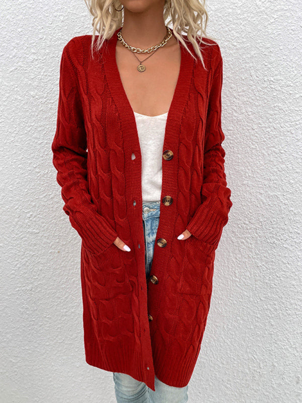 Serena Long Twist Sweater New Arrival Button Straight Pocket Cardigan