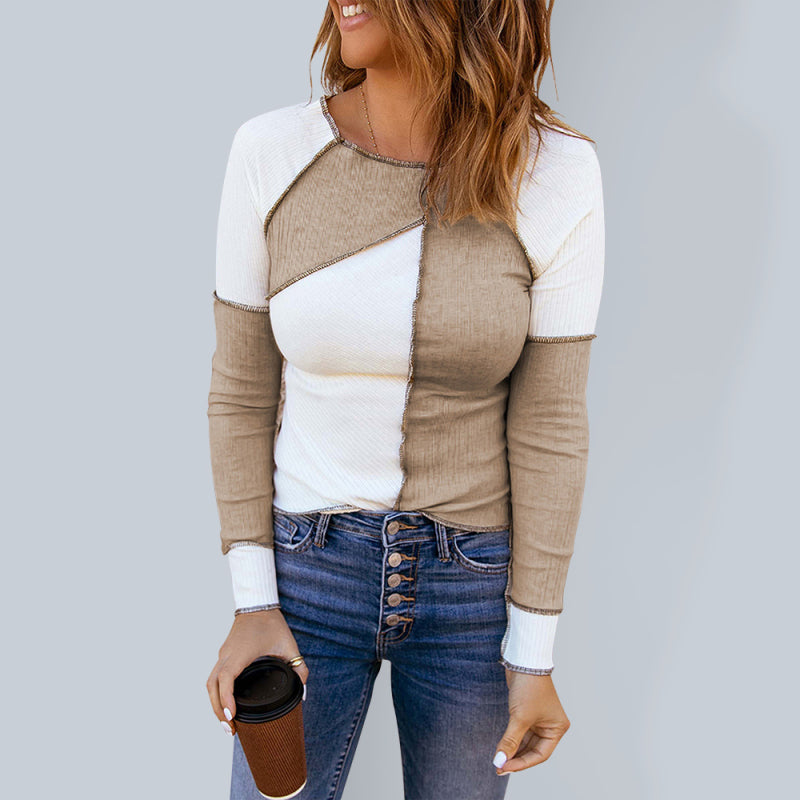 Jasmin Women's Knitted Long Sleeve Round Neck Contrast Color T-Shirt