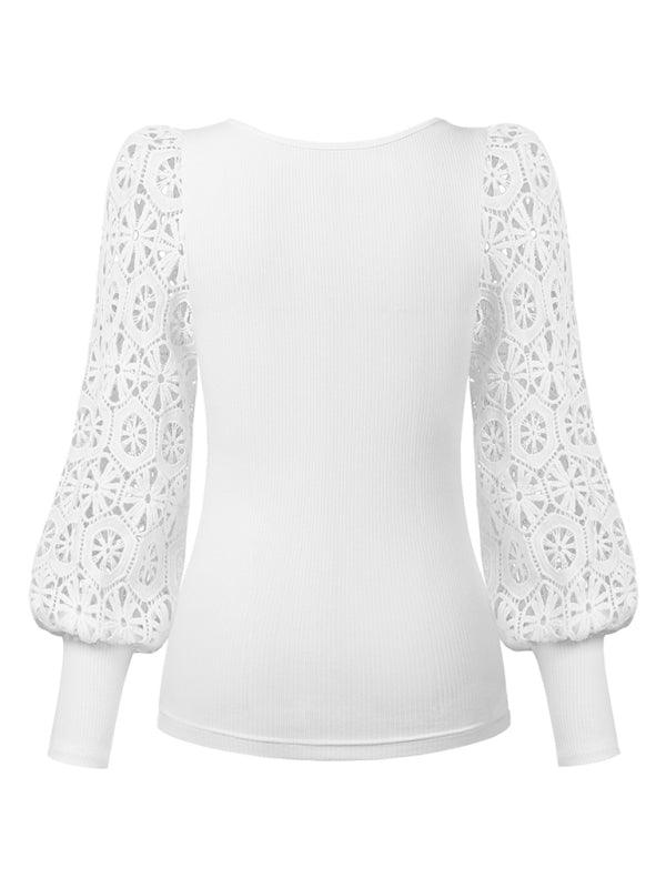 Kristal Women's Paneled Lace Long Sleeve Pullover T-Shirt