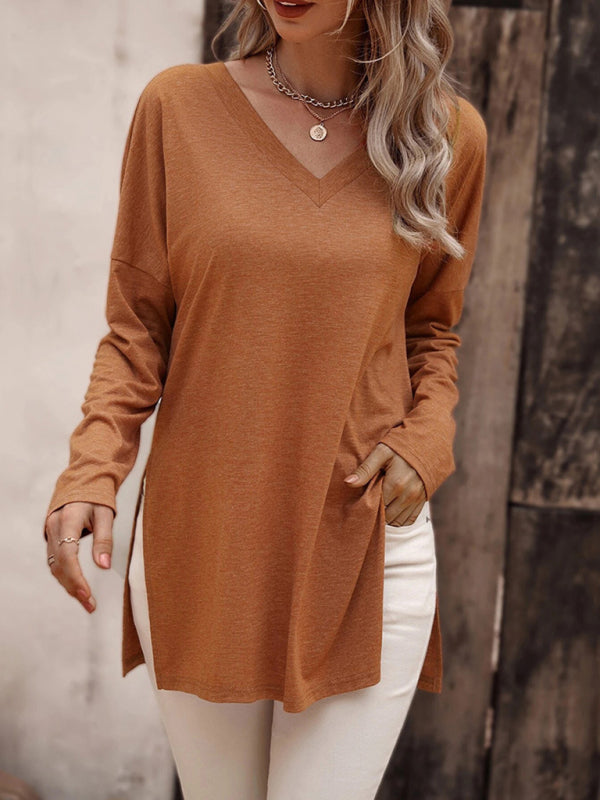 Ashlee Women's Casual Solid Color Simple V-Neck Slit Long-Sleeved T-Shirt