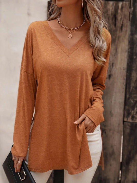 Ashlee Women's Casual Solid Color Simple V-Neck Slit Long-Sleeved T-Shirt