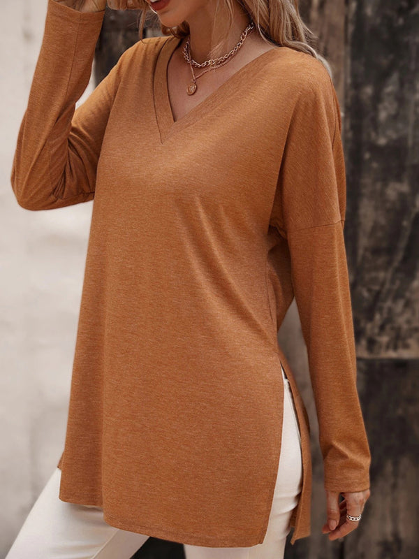 Ashlee Women's Casual Solid Color Simple V-Neck Slit Long-Sleeved T-Shirt