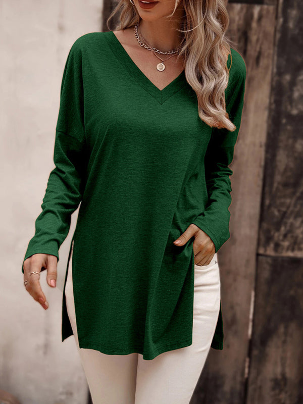 Ashlee Women's Casual Solid Color Simple V-Neck Slit Long-Sleeved T-Shirt