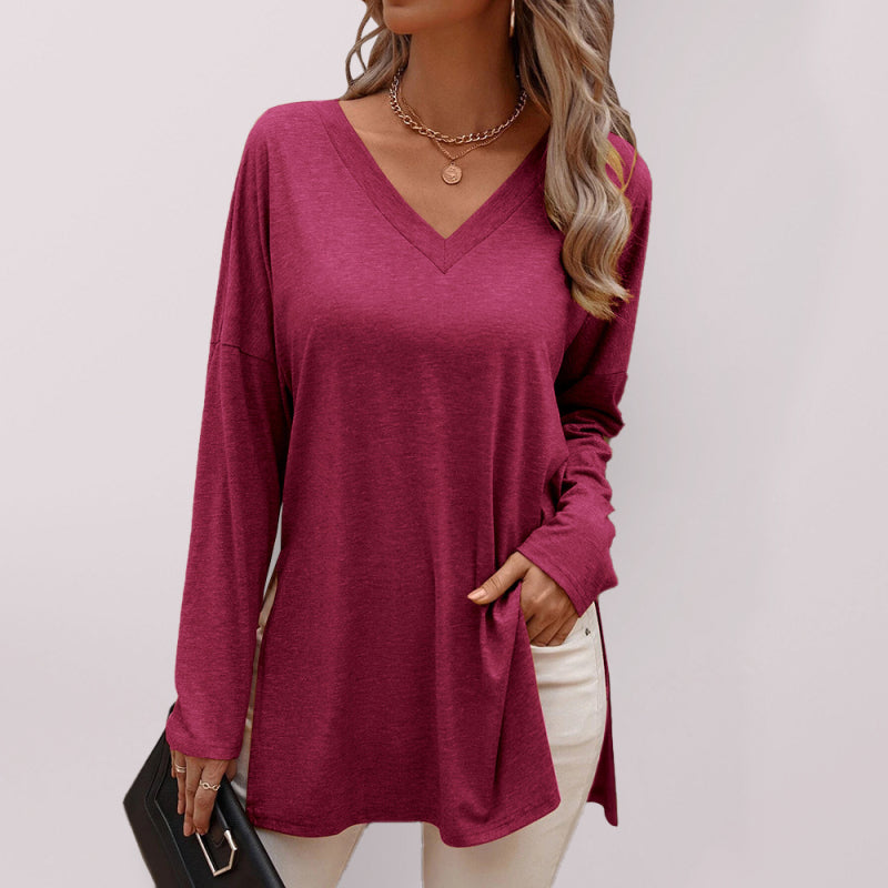 Ashlee Women's Casual Solid Color Simple V-Neck Slit Long-Sleeved T-Shirt