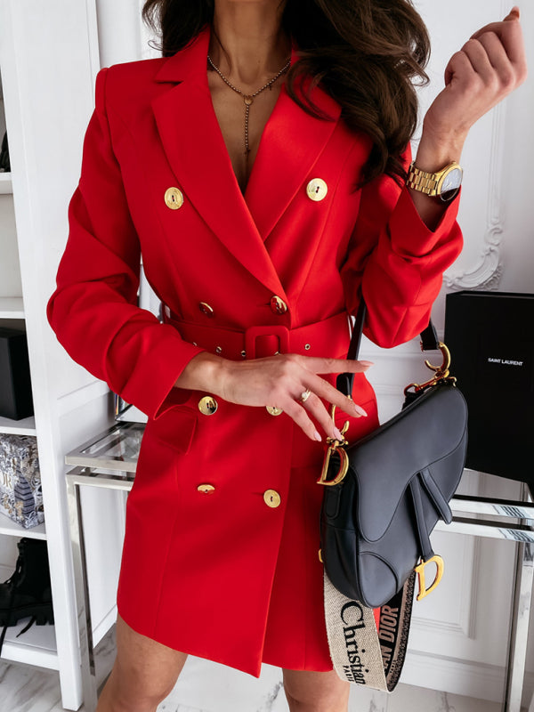 Natalia New Women Fasion Long Sleeve Belt Color Suit Dress Coat