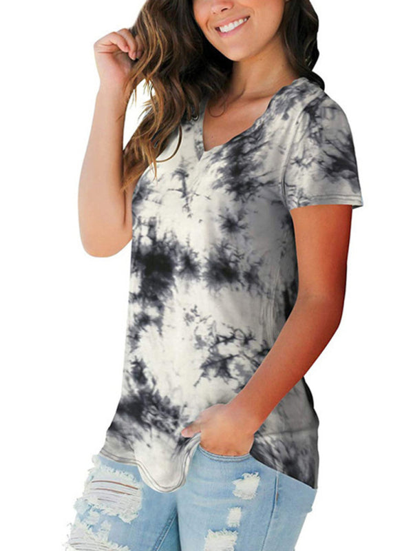 Nora Women's Wear European And American Street Trendsetter Pullover Tie Dyed V-Neck Women's T-Shirt Women