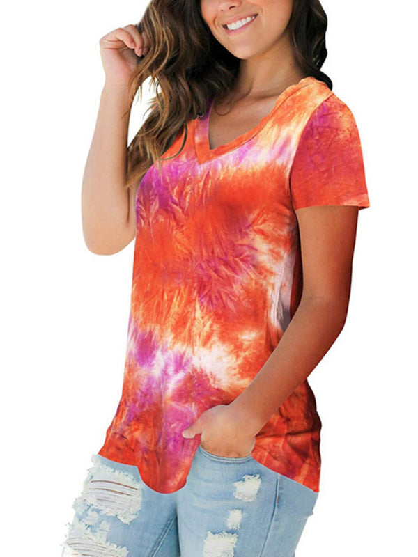 Nora Women's Wear European And American Street Trendsetter Pullover Tie Dyed V-Neck Women's T-Shirt Women