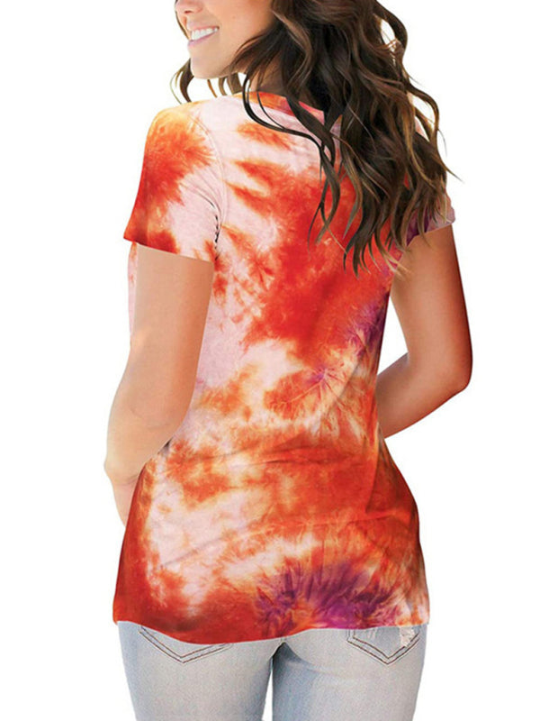 Nora Women's Wear European And American Street Trendsetter Pullover Tie Dyed V-Neck Women's T-Shirt Women