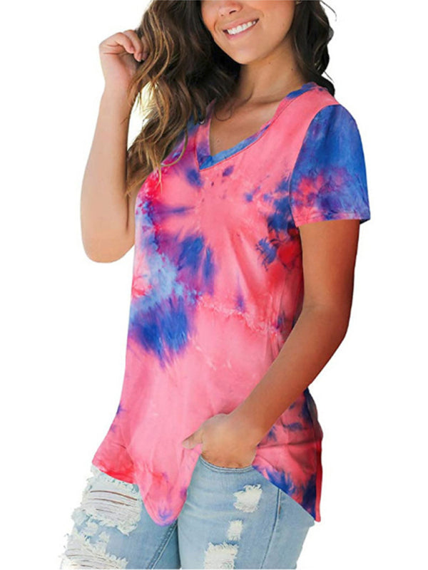 Nora Women's Wear European And American Street Trendsetter Pullover Tie Dyed V-Neck Women's T-Shirt Women