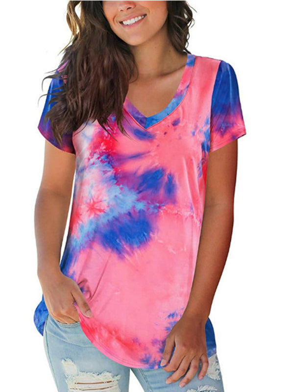 Nora Women's Wear European And American Street Trendsetter Pullover Tie Dyed V-Neck Women's T-Shirt Women