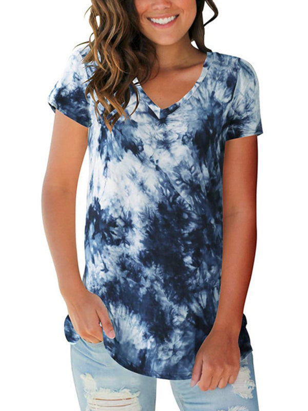 Nora Women's Wear European And American Street Trendsetter Pullover Tie Dyed V-Neck Women's T-Shirt Women