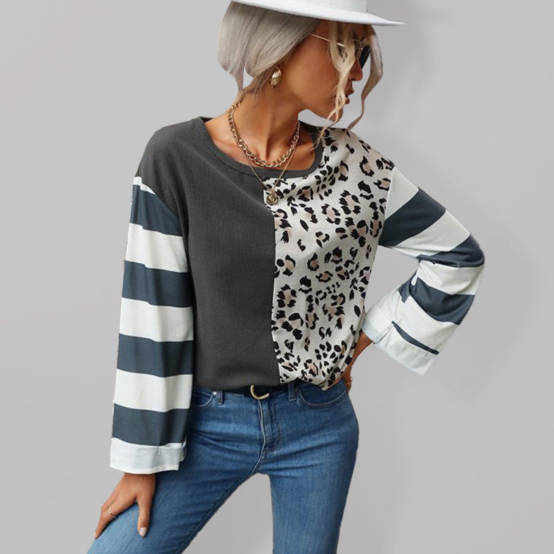 Lyra Women Stripe And Leopard Print Knit Top