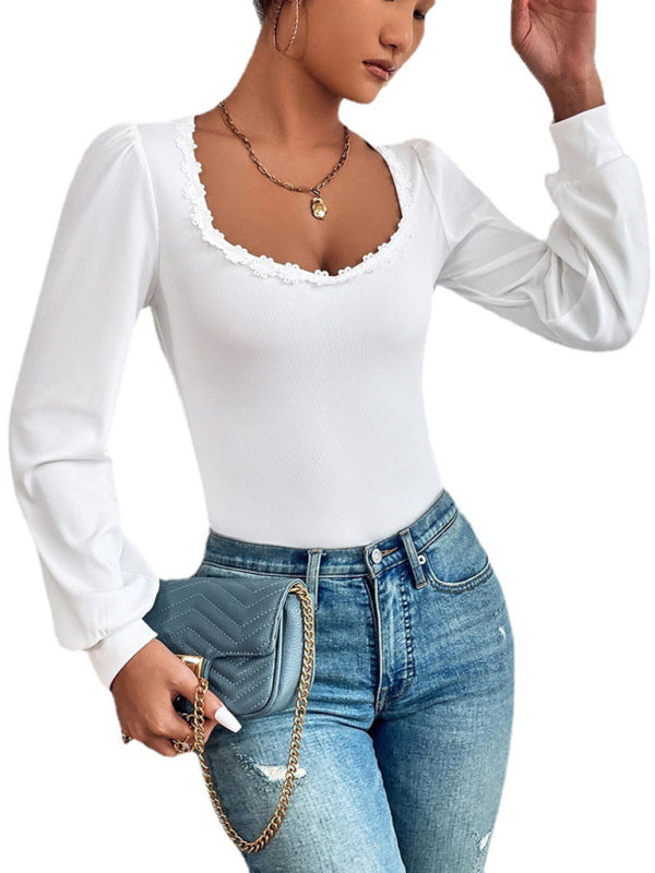 Ophelia Women's V-Neck Puff Sleeve Slim Fit Fashion Versatile Ladies T-Shirt Long Sleeve Lace French Top