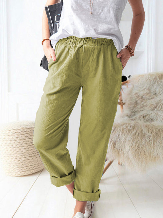 Kai New style solid color casual elastic high waist straight trousers women