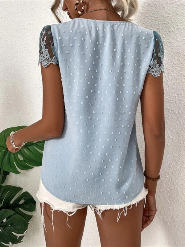 Julina Summer New V-Neck Chiffon Lace Shirt