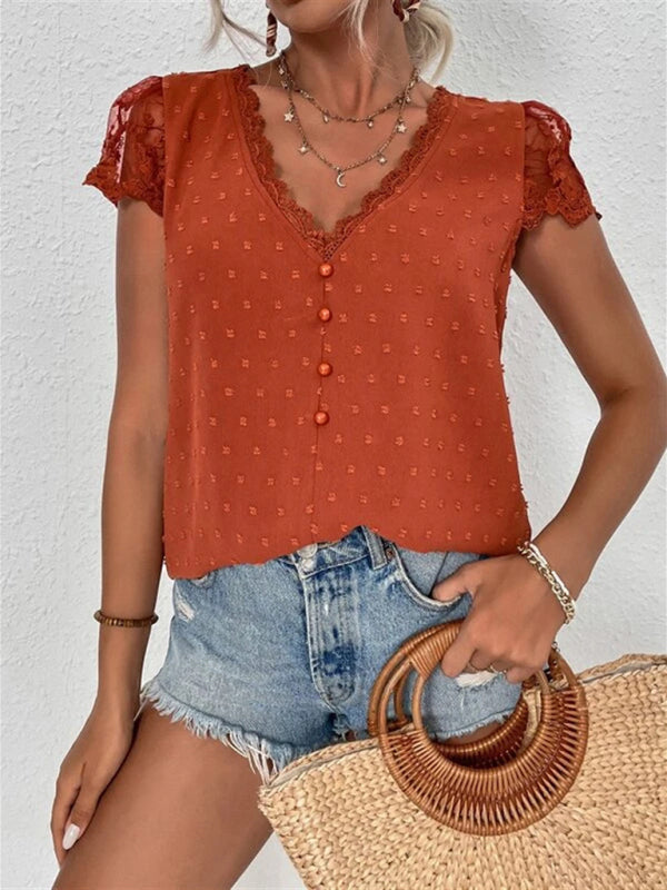 Julina Summer New V-Neck Chiffon Lace Shirt