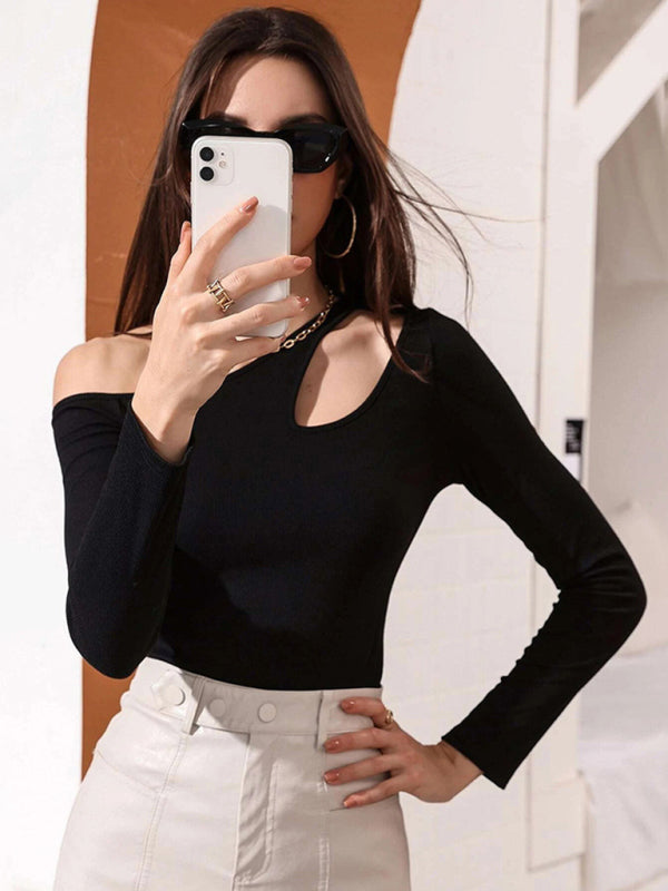 Sheila Women's Knitted Sexy Hollow Off Shoulder Long Sleeve T-Shirt