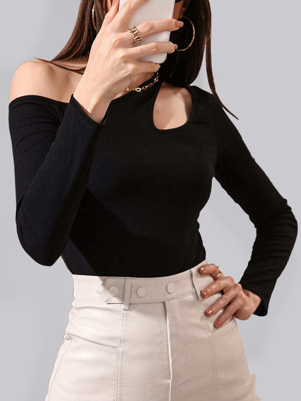 Sheila Women's Knitted Sexy Hollow Off Shoulder Long Sleeve T-Shirt