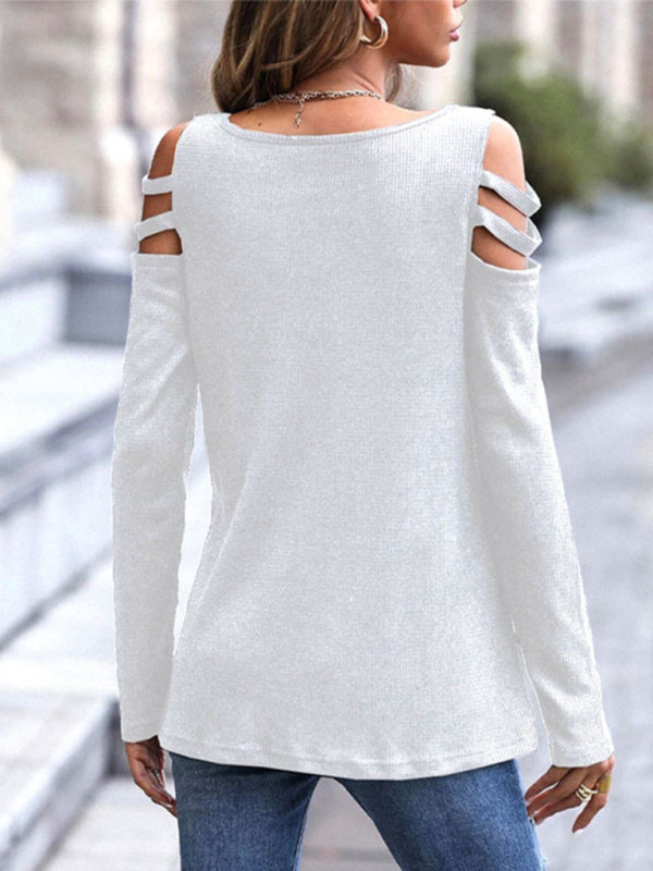 Mathilda Women's Off Shoulder Zipper Long Sleeve Waffle T-Shirt Top