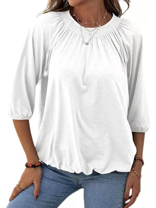 Jeannie Solid Color Loose Round Neck 3/4 Sleeves Ladies T-Shirt