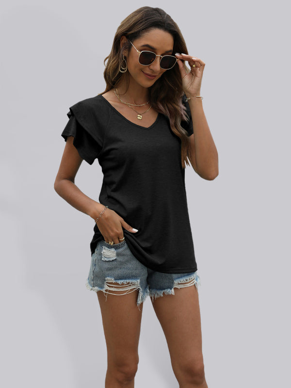 Vivian New Solid Color V-Neck Double Layer Ruffled Sleeve Loose Top T-Shirt