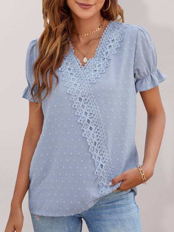 Maliah Women's Woven V-Neck Polka-Dot Jacquard Chiffon Lace Short-Sleeved Shirt