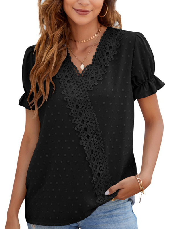 Maliah Women's Woven V-Neck Polka-Dot Jacquard Chiffon Lace Short-Sleeved Shirt