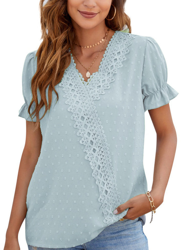 Maliah Women's Woven V-Neck Polka-Dot Jacquard Chiffon Lace Short-Sleeved Shirt