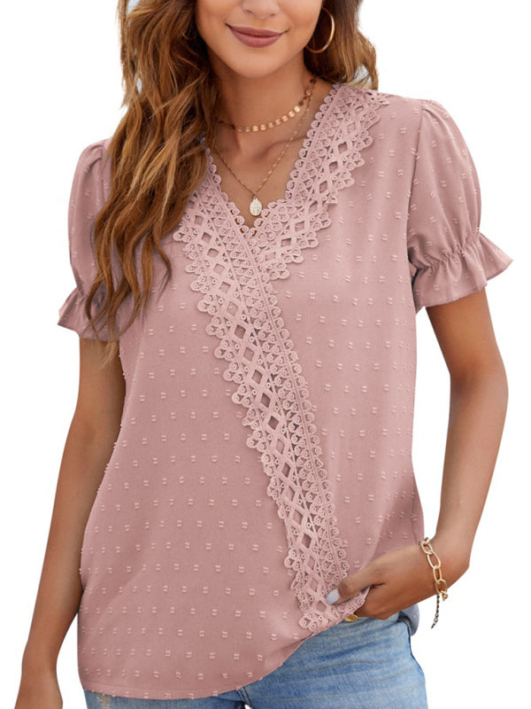 Maliah Women's Woven V-Neck Polka-Dot Jacquard Chiffon Lace Short-Sleeved Shirt