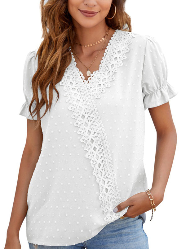 Maliah Women's Woven V-Neck Polka-Dot Jacquard Chiffon Lace Short-Sleeved Shirt