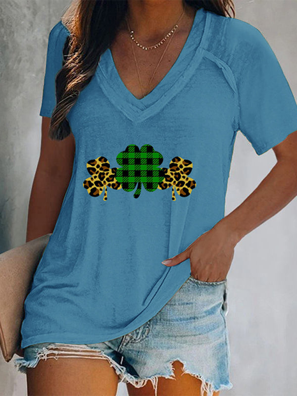 Camila Women's V-Neck Clover Print Short-Sleeved T-Shirt