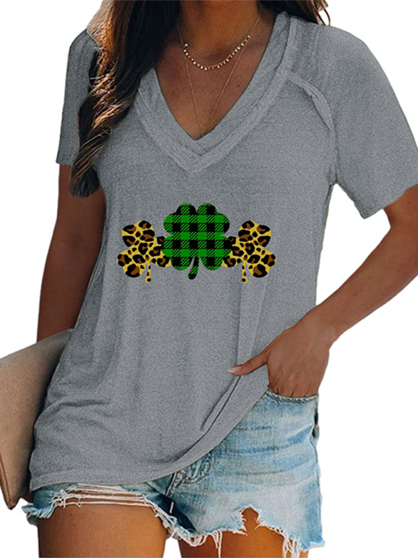 Camila Women's V-Neck Clover Print Short-Sleeved T-Shirt