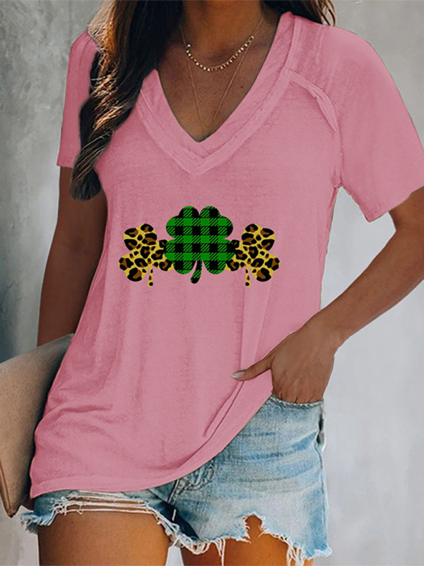 Camila Women's V-Neck Clover Print Short-Sleeved T-Shirt