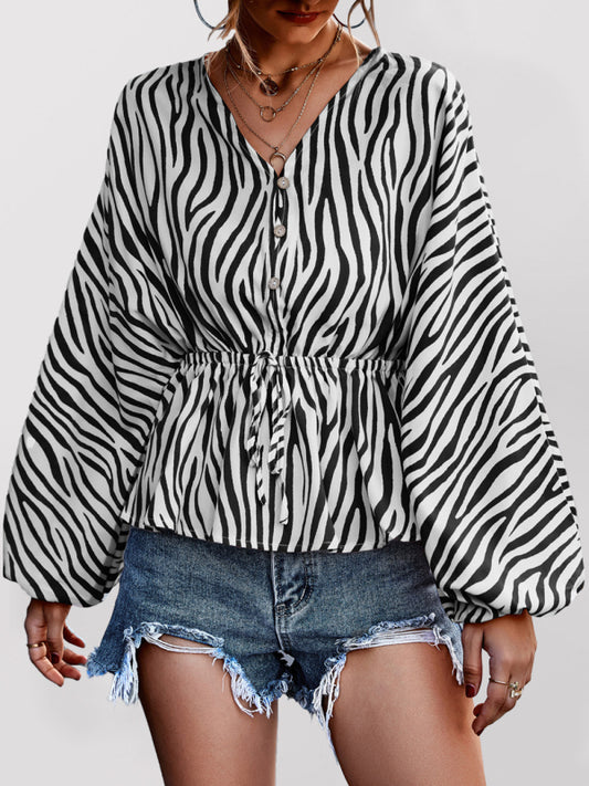 Maud Women's Single Breasted V-Neck Zebra Print Top