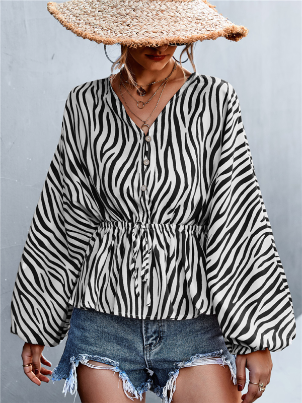 Maud Women's Single Breasted V-Neck Zebra Print Top