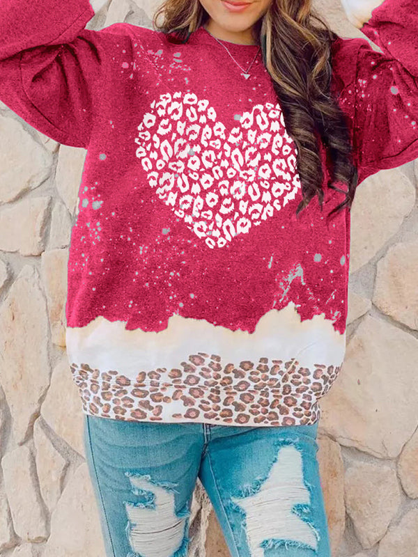 Latonya Women's Knitted Heart-Shaped Leopard Print Design Pullover Sweater