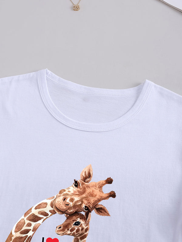 Rose Women's Knitted Round Neck Giraffe Print Short Sleeve T-Shirt